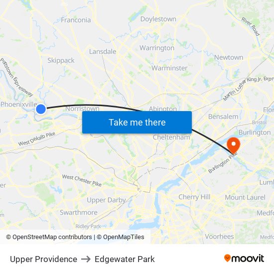 Upper Providence to Edgewater Park map