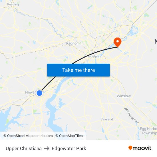 Upper Christiana to Edgewater Park map