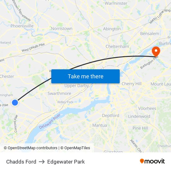 Chadds Ford to Edgewater Park map