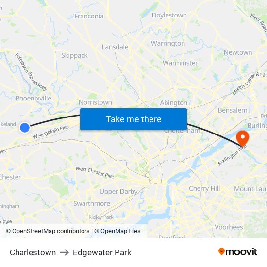 Charlestown to Edgewater Park map