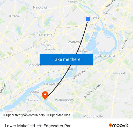 Lower Makefield to Edgewater Park map
