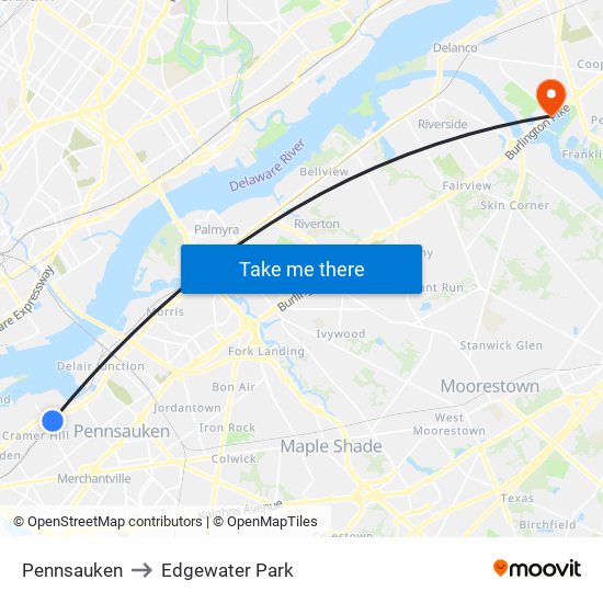 Pennsauken to Edgewater Park map