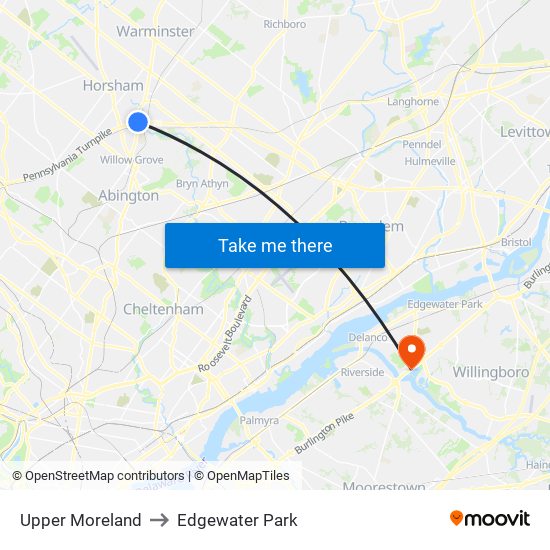 Upper Moreland to Edgewater Park map