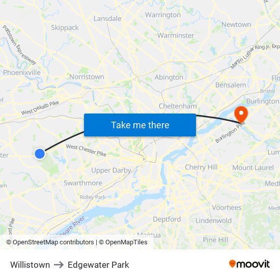 Willistown to Edgewater Park map