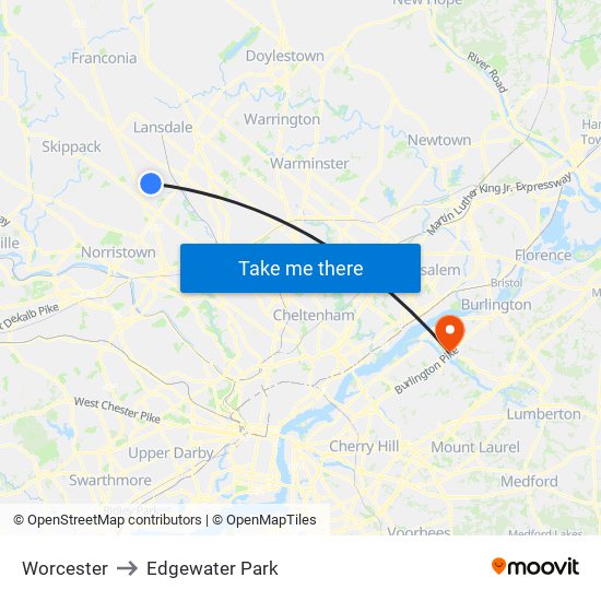 Worcester to Edgewater Park map