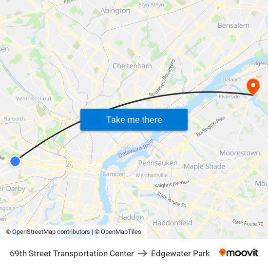 69th Street Transportation Center to Edgewater Park map