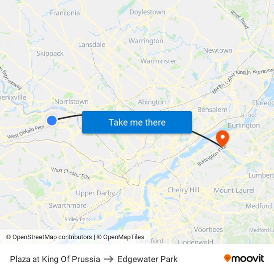 Plaza at King Of Prussia to Edgewater Park map