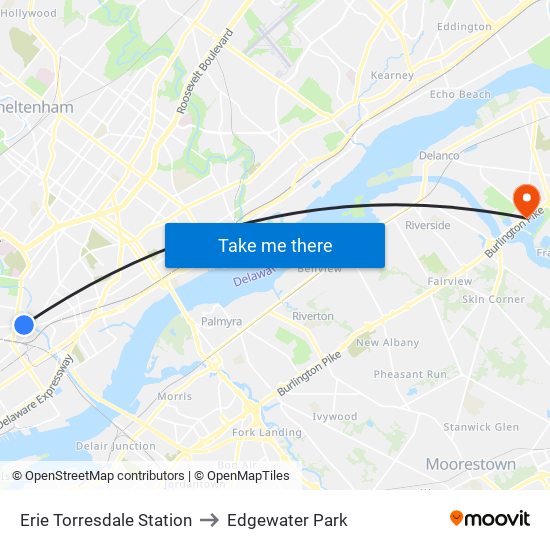 Erie Torresdale Station to Edgewater Park map