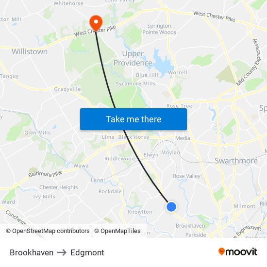 Brookhaven to Edgmont map
