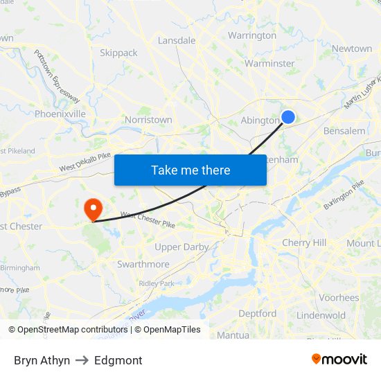 Bryn Athyn to Edgmont map