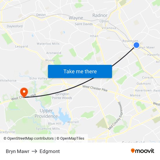 Bryn Mawr to Edgmont map