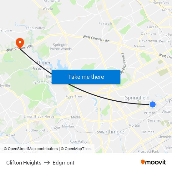 Clifton Heights to Edgmont map