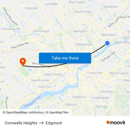 Cornwells Heights to Edgmont map