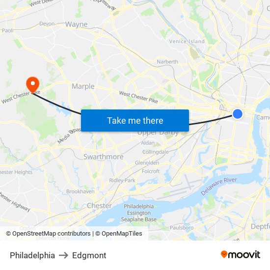 Philadelphia to Edgmont map