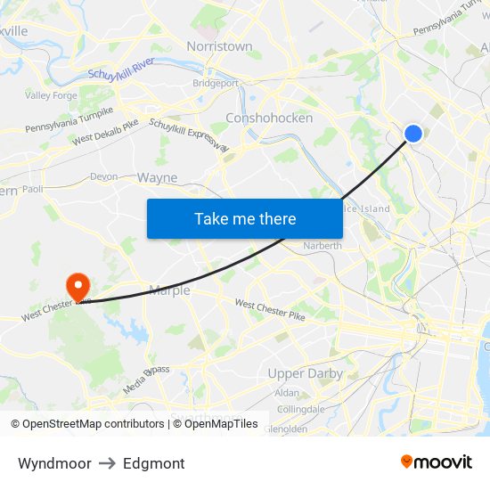 Wyndmoor to Edgmont map