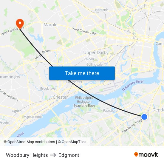 Woodbury Heights to Edgmont map