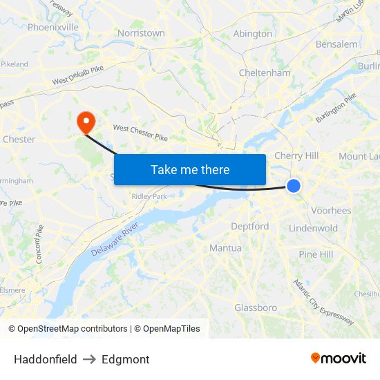 Haddonfield to Edgmont map