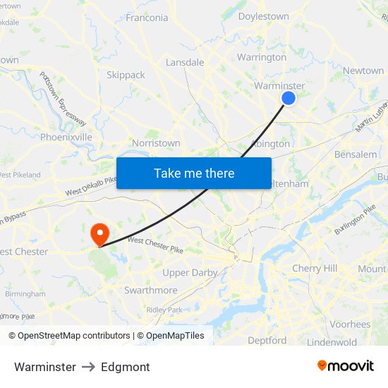 Warminster to Edgmont map