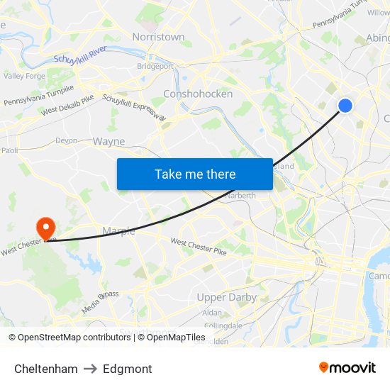 Cheltenham to Edgmont map
