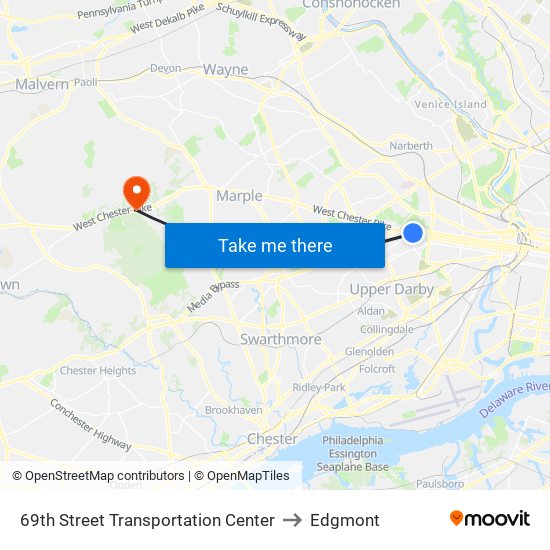 69th Street Transportation Center to Edgmont map