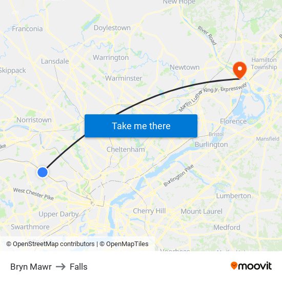 Bryn Mawr to Falls map