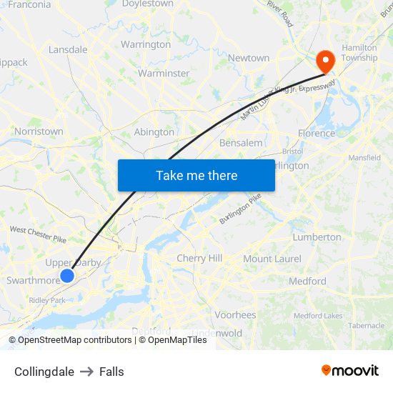 Collingdale to Falls map