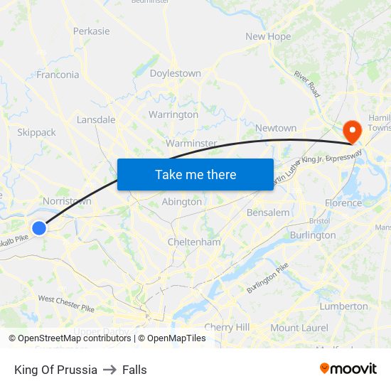 King Of Prussia to Falls map