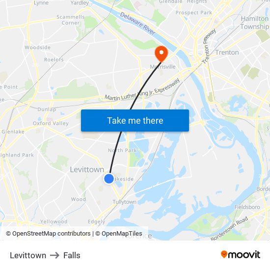 Levittown to Falls map