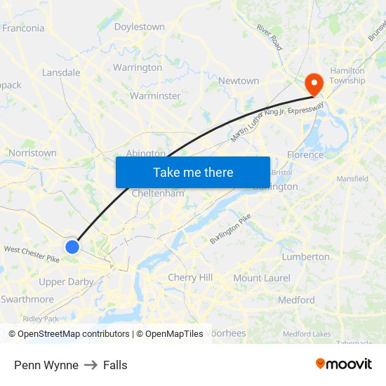 Penn Wynne to Falls map