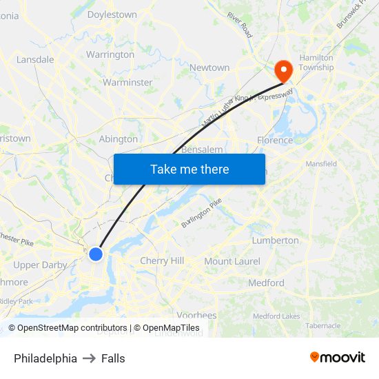 Philadelphia to Falls map