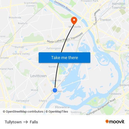 Tullytown to Falls map