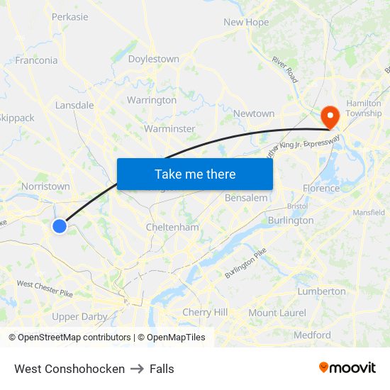 West Conshohocken to Falls map