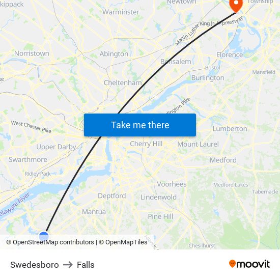 Swedesboro to Falls map