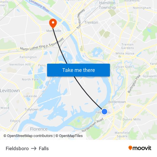 Fieldsboro to Falls map