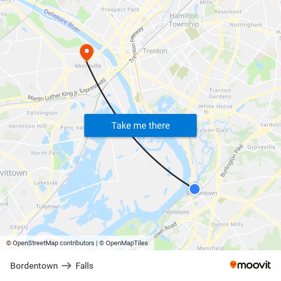 Bordentown to Falls map