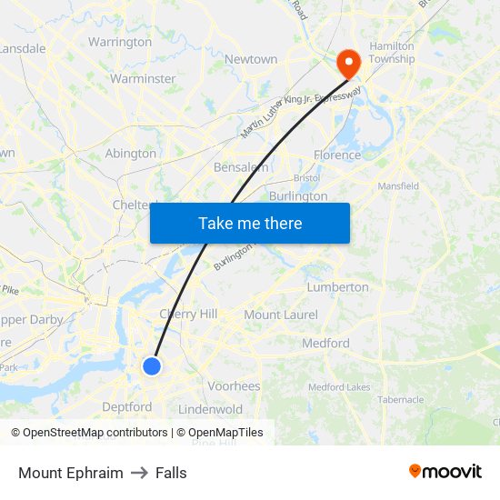 Mount Ephraim to Falls map