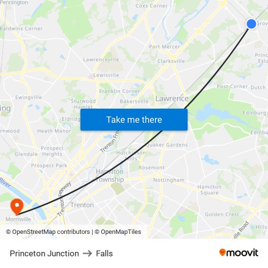 Princeton Junction to Falls map