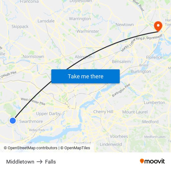 Middletown to Falls map