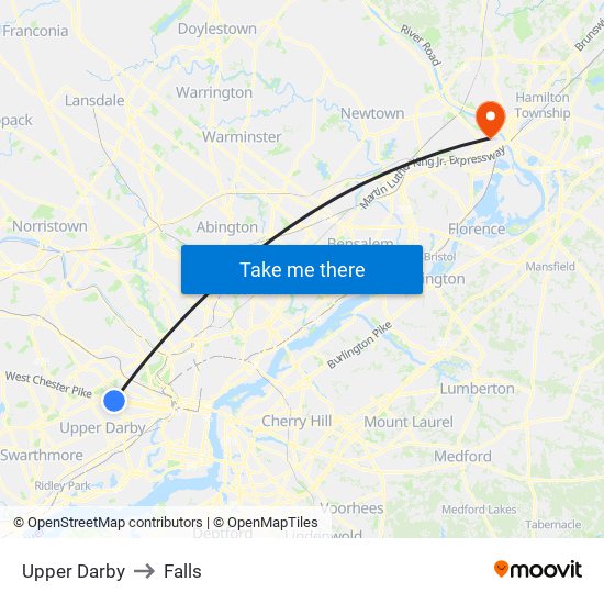Upper Darby to Falls map