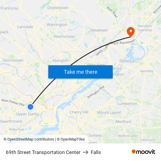 69th Street Transportation Center to Falls map
