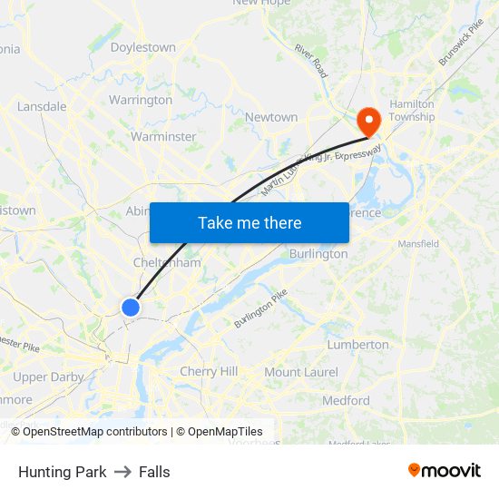 Hunting Park to Falls map