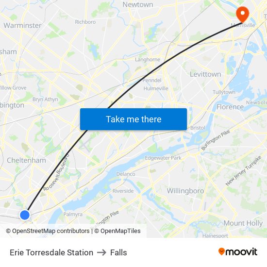 Erie Torresdale Station to Falls map