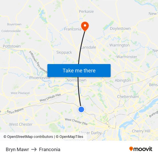 Bryn Mawr to Franconia map