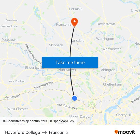Haverford College to Franconia map