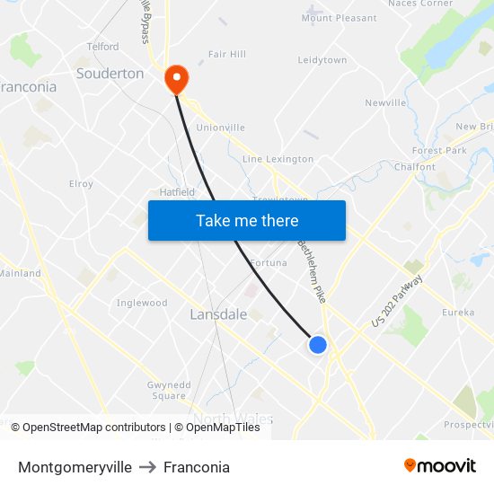 Montgomeryville to Franconia map