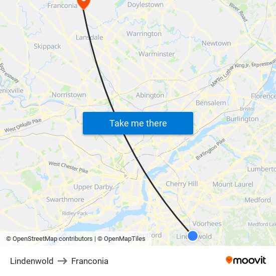Lindenwold to Franconia map