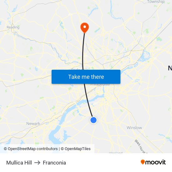 Mullica Hill to Franconia map