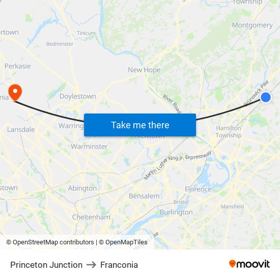 Princeton Junction to Franconia map