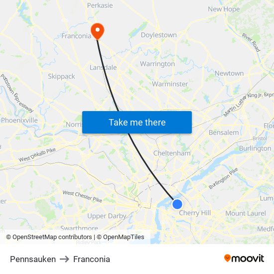 Pennsauken to Franconia map