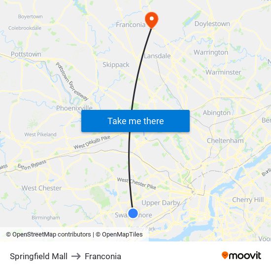 Springfield Mall to Franconia map